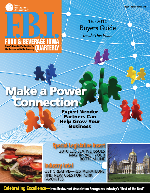 Cover of Food & Beverage Iowa Quarterly magazine featuring headline ‘Make a Power Connection’ with colorful game pieces and networking graphic.